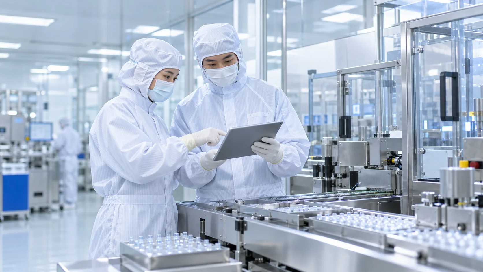 クリーンルームの製造ラインで、防塵服の作業者2人がタブレットを見ながら確認している様子